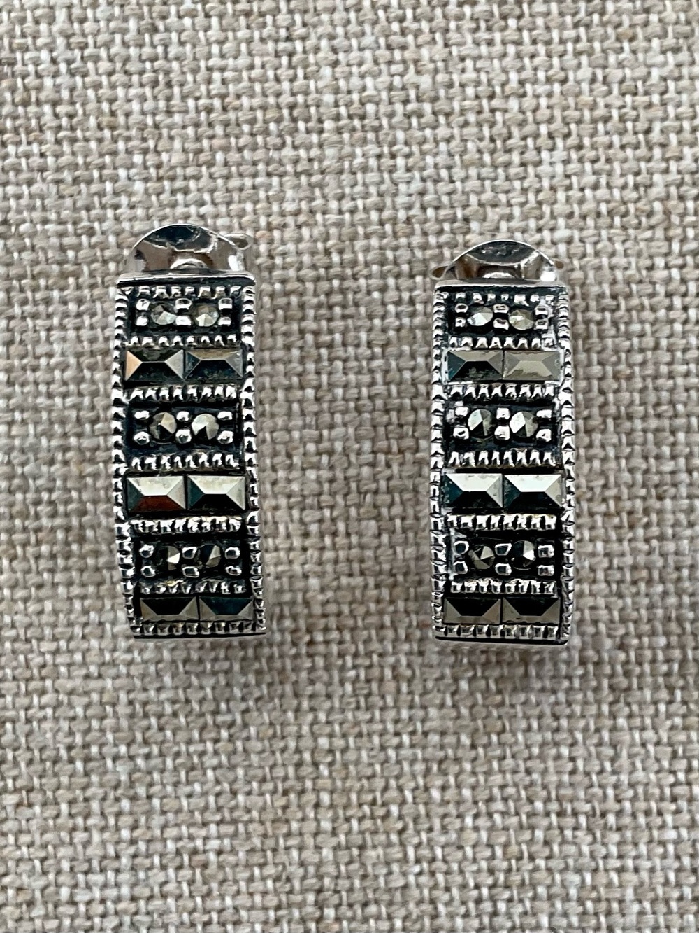 Vintage 925 Sterling Silver Marcasite Geometric Half Hoop Earrings